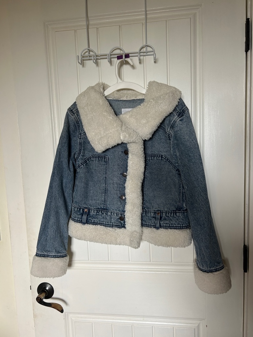 Celebrity Pink Blue Denim Jacket with Cream Sherpa Trim